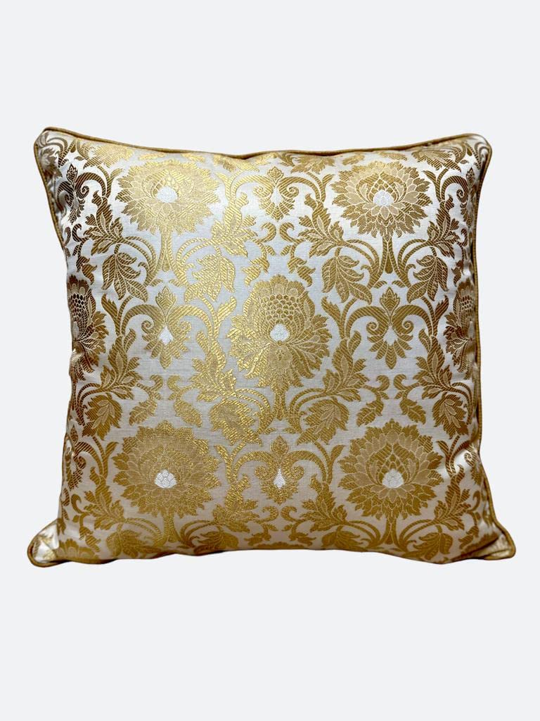 House Of Silko Royal Banarasi Satin Brocade Ivory White and Gold Cushion Cover for Home Decoration (Size-16"x16") Set of 2pcs - Image 3
