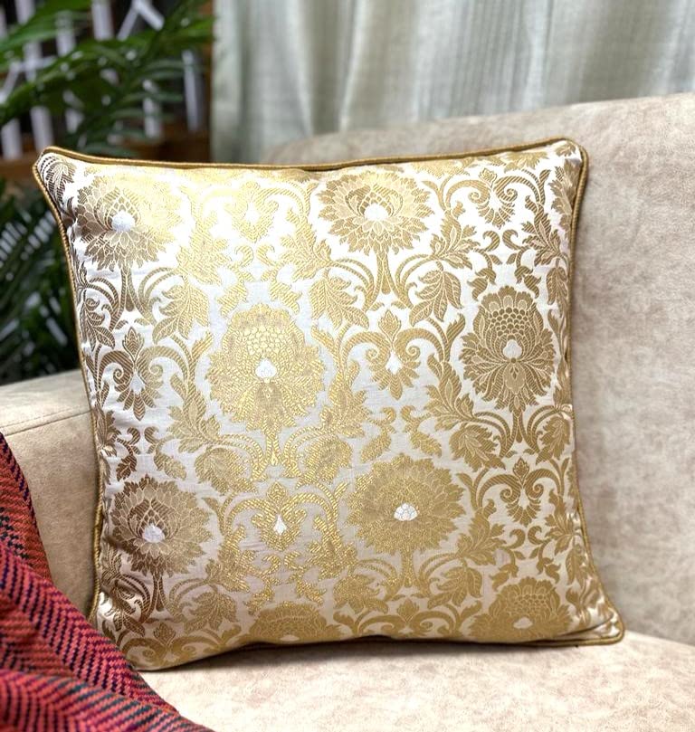 House Of Silko Royal Banarasi Satin Brocade Ivory White and Gold Cushion Cover for Home Decoration (Size-16"x16") Set of 2pcs - Image 2