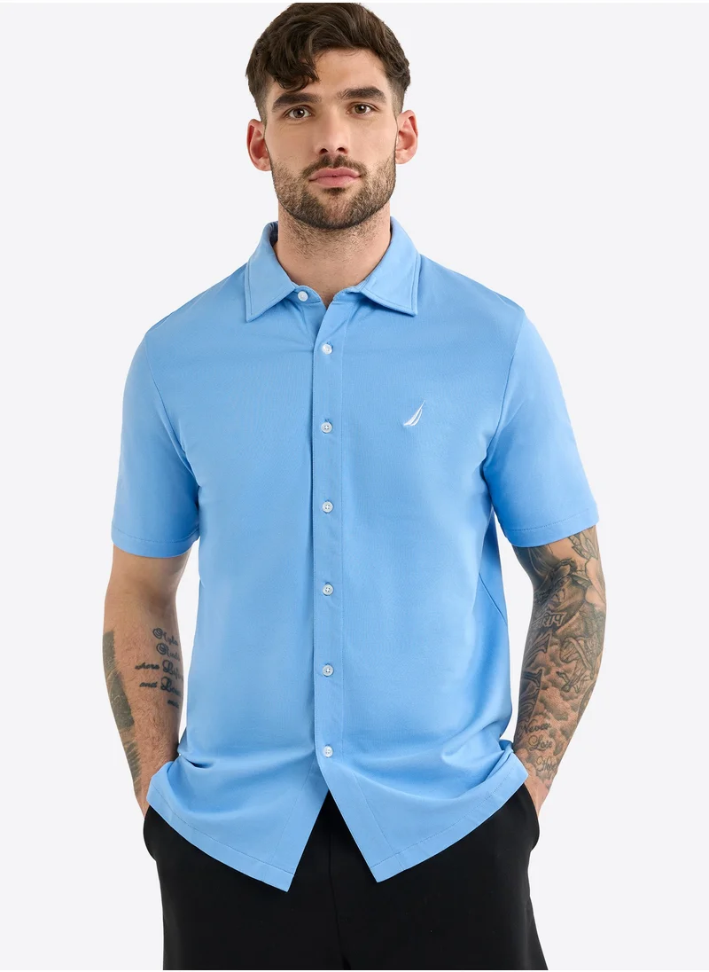 NAUTICA Men's Blue Short Sleeve Button-Up Shirt – Cotton and Elastane Classic Breathable Wear All-Day Fit