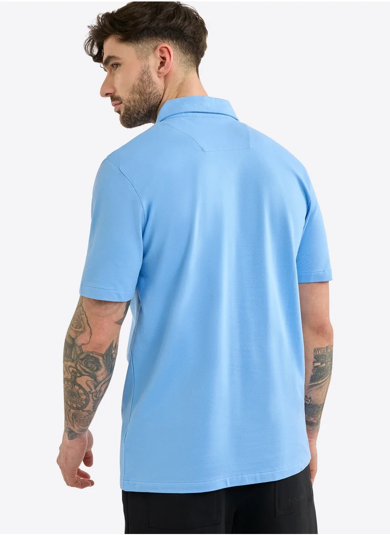 نوتيكا Men's Blue Short Sleeve Button-Up Shirt – Cotton and Elastane Classic Breathable Wear All-Day Fit