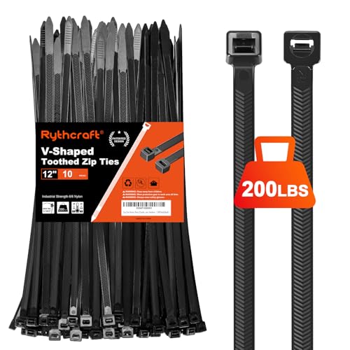 Rythcraft Zip Ties Heavy Duty 12 inch，V-Shaped Toothed Double Sided With 200 LBS Tensile Strength Cable Ties ，Extra Large Wire Ties Adjustable Nylon Tie Wraps for Indoor Outdoor Patented Design（80 Pack Black） - Image 1