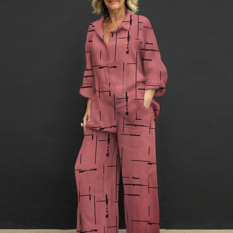 Cross-border European and American Womens 2024 New Spring and Autumn Fashion Casual Printed Lapel Buckle Long Sleeve Shirt Pants Set Burgundy - Image 1