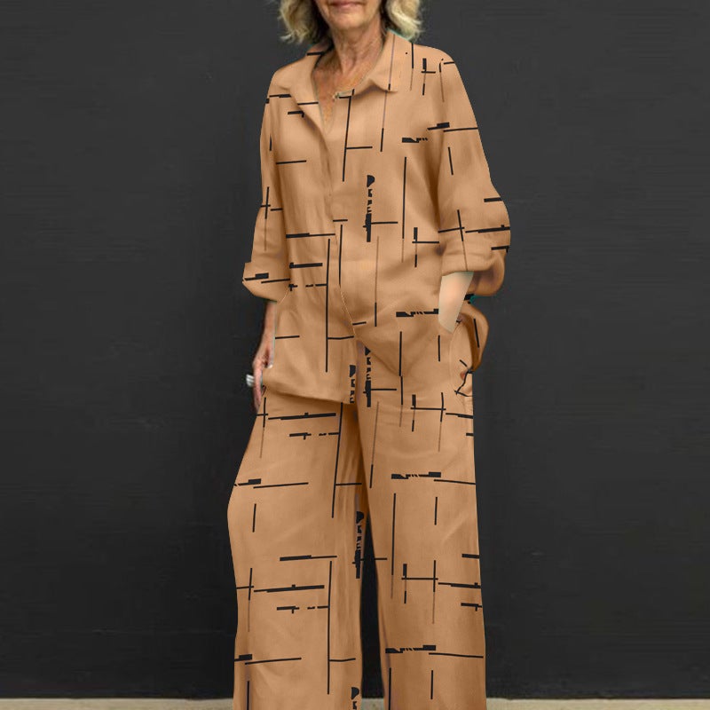 Cross-border European and American Womens 2024 New Spring and Autumn Fashion Casual Printed Lapel Buckle Long Sleeve Shirt Pants Set Burgundy - Image 4