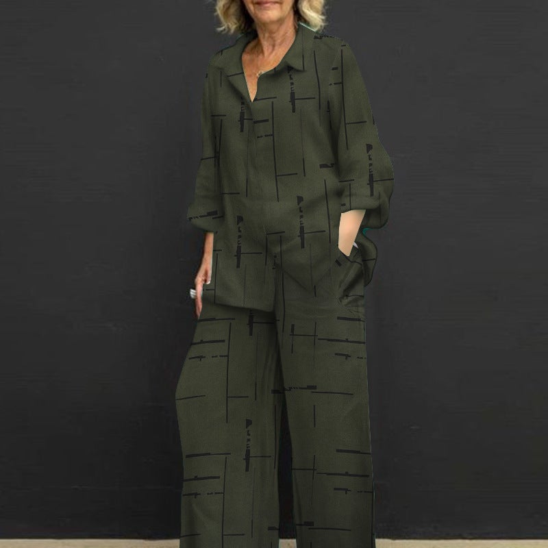 Cross-border European and American Womens 2024 New Spring and Autumn Fashion Casual Printed Lapel Buckle Long Sleeve Shirt Pants Set Burgundy - Image 2