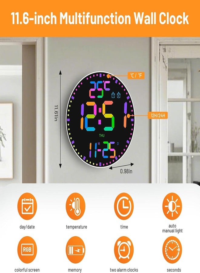 Elecbee 12 Inch Digital Wall Clock - Large LED Display with 12 RGB Backlight Colors Remote Control Alarm Clock Calendar & Temperature (C/F Switch), Adjustable Brightness for Bedroom Classroom Office - Image 3