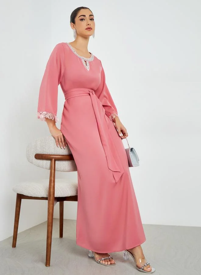 Amirah Pink Embellished Tassel Trim A-Line Jalabiya