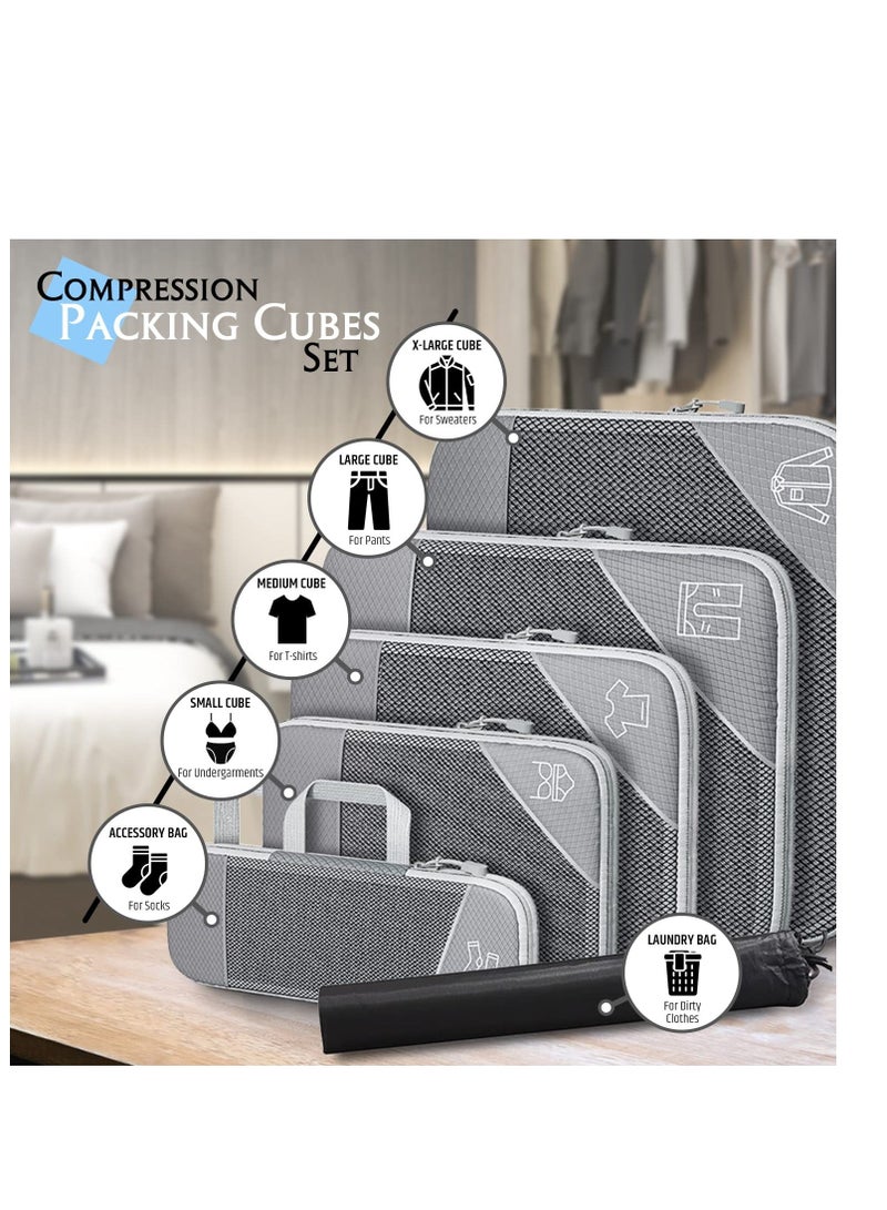 مجموعة من 5 مكعبات تعبئة مضغوطة (رمادية) - خفيفة الوزن ومتينة - تزيد من مساحة الأمتعة مادة شبكية للرؤية الكاملة، أحجام متعددة تجعل التعبئة خالية من المتاعب حقيبة غسيل مجانية متضمنة. - Image 3