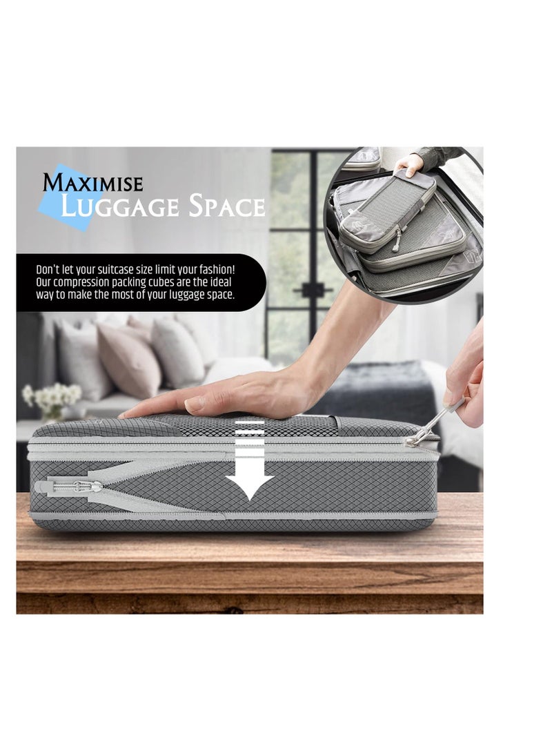 مجموعة من 5 مكعبات تعبئة مضغوطة (رمادية) - خفيفة الوزن ومتينة - تزيد من مساحة الأمتعة مادة شبكية للرؤية الكاملة، أحجام متعددة تجعل التعبئة خالية من المتاعب حقيبة غسيل مجانية متضمنة. - Image 4