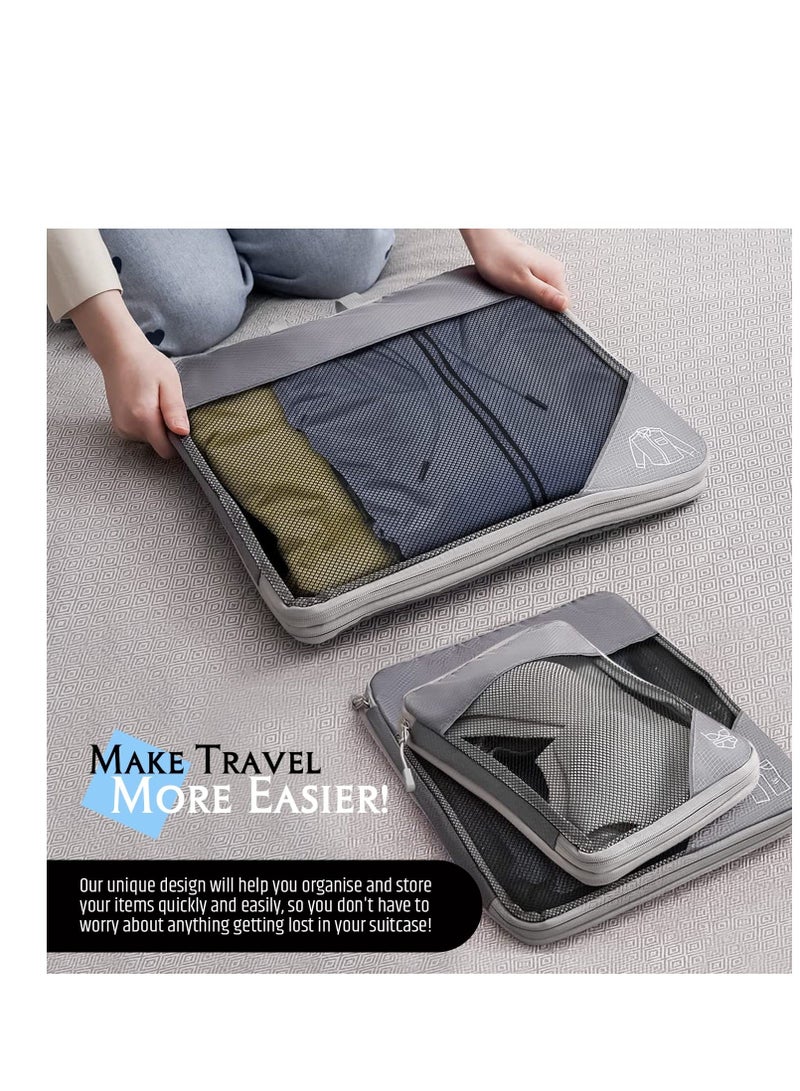 مجموعة من 5 مكعبات تعبئة مضغوطة (رمادية) - خفيفة الوزن ومتينة - تزيد من مساحة الأمتعة مادة شبكية للرؤية الكاملة، أحجام متعددة تجعل التعبئة خالية من المتاعب حقيبة غسيل مجانية متضمنة. - Image 5