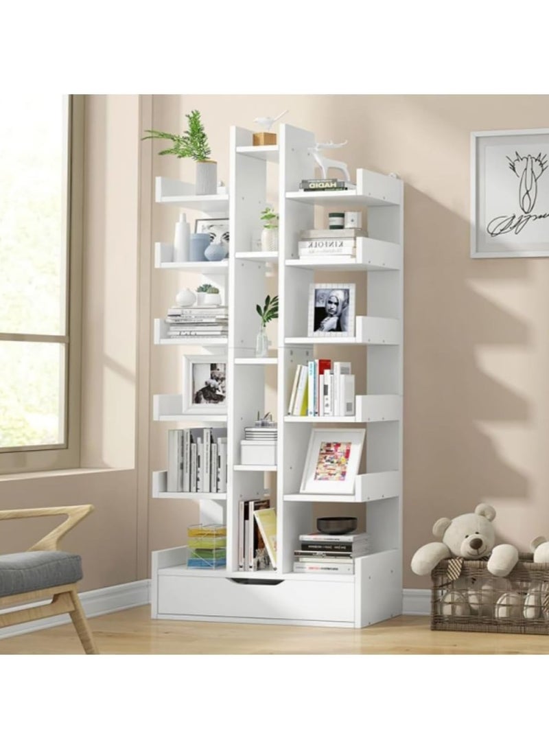 RATSAW 18-Tier High-Capacity Free-Standing Wood Tree Bookcase, Open Bookshelf Corner Bookcase with drawer, Wooden Display Storage Shelf for CD-Movies-Books, Organizer Shelves Modern Home Storage Organizer Rack for Living Room, Bedroom, Office - Image 1