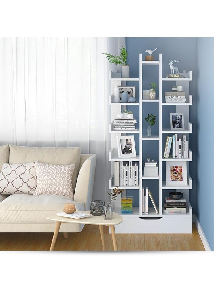 RATSAW 18-Tier High-Capacity Free-Standing Wood Tree Bookcase, Open Bookshelf Corner Bookcase with drawer, Wooden Display Storage Shelf for CD-Movies-Books, Organizer Shelves Modern Home Storage Organizer Rack for Living Room, Bedroom, Office - Image 2