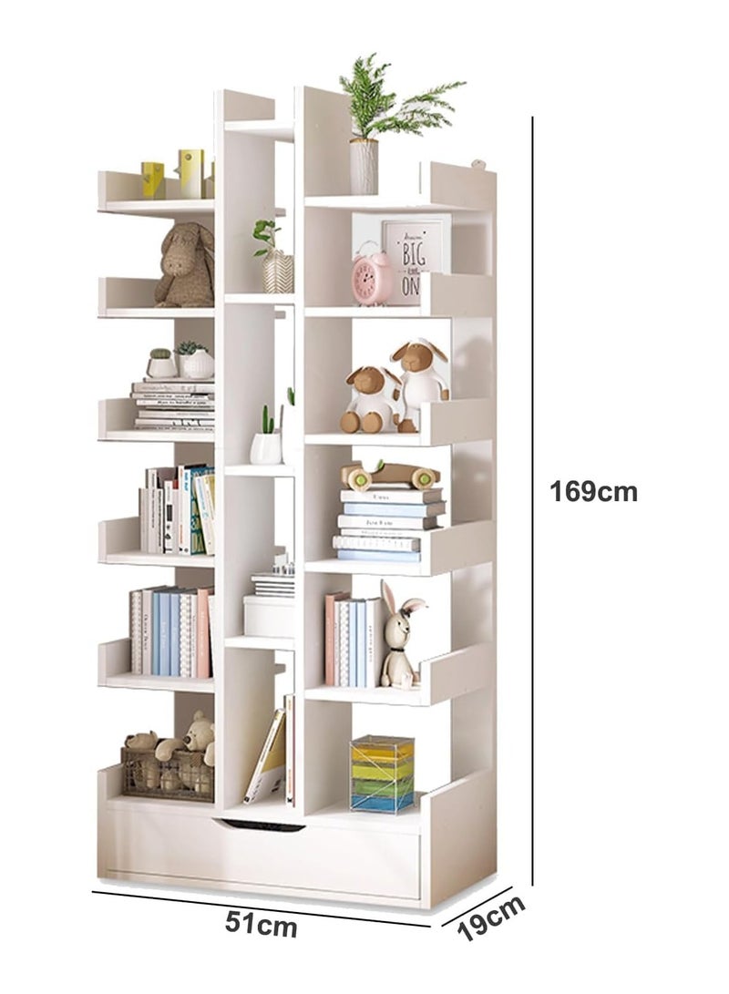 RATSAW 18-Tier High-Capacity Free-Standing Wood Tree Bookcase, Open Bookshelf Corner Bookcase with drawer, Wooden Display Storage Shelf for CD-Movies-Books, Organizer Shelves Modern Home Storage Organizer Rack for Living Room, Bedroom, Office - Image 3