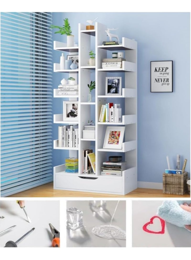 RATSAW 18-Tier High-Capacity Free-Standing Wood Tree Bookcase, Open Bookshelf Corner Bookcase with drawer, Wooden Display Storage Shelf for CD-Movies-Books, Organizer Shelves Modern Home Storage Organizer Rack for Living Room, Bedroom, Office - Image 4