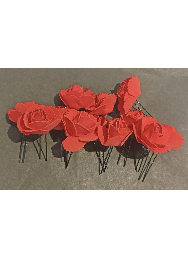 La belleza - La Belleza Decorative Red Rose Glitter Flower Design Bun Hair Pin/Juda Pins/U Shape Hair Accessories for Women and Girls(Pack of 12) Rose Flower Juda Pins |Bun Pins - Image 1