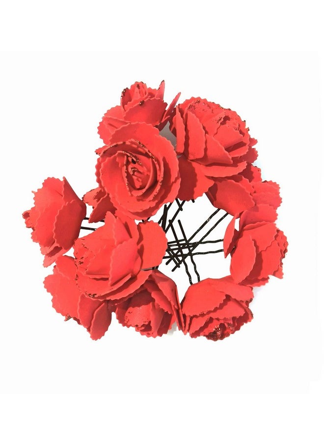 La belleza - La Belleza Decorative Red Rose Glitter Flower Design Bun Hair Pin/Juda Pins/U Shape Hair Accessories for Women and Girls(Pack of 12) Rose Flower Juda Pins |Bun Pins - Image 1
