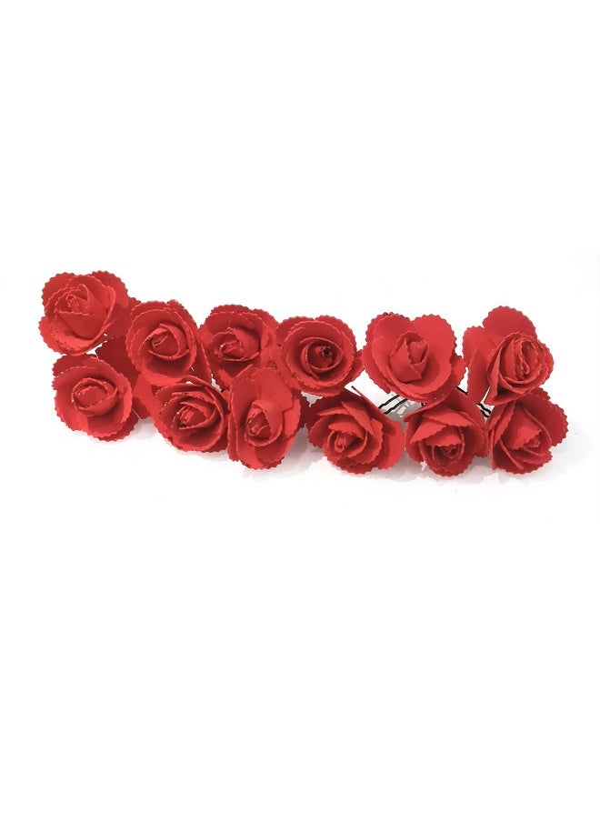 La belleza - La Belleza Decorative Red Rose Glitter Flower Design Bun Hair Pin/Juda Pins/U Shape Hair Accessories for Women and Girls(Pack of 12) Rose Flower Juda Pins |Bun Pins - Image 1