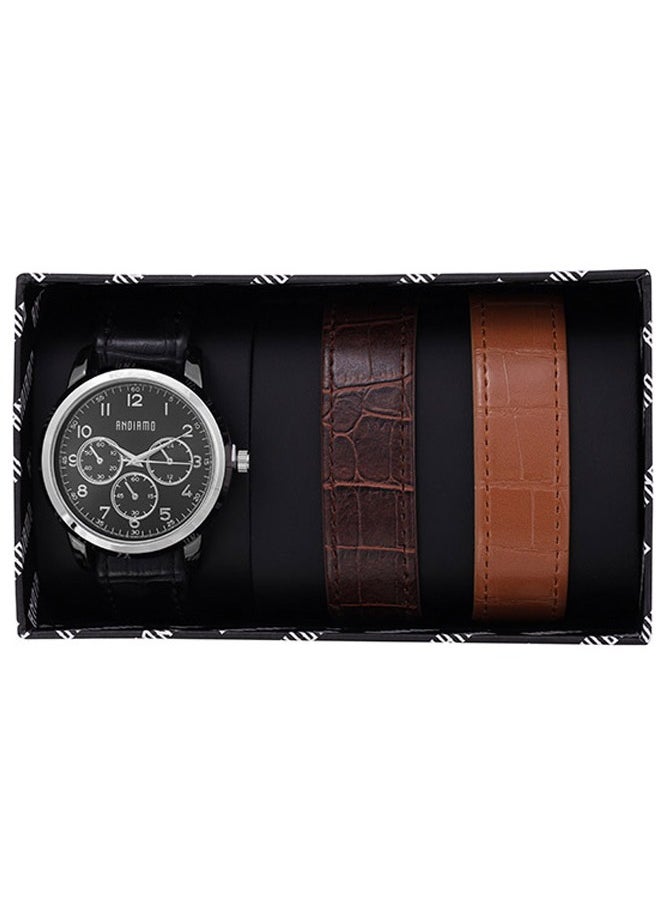 ANDIAMO Men's Analog Silver Case Multi Colour Leather Strap Set Watch 
