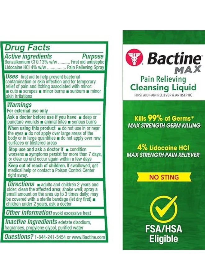 MAX First Aid Spray - Pain Relief Cleansing Spray with 4% Lidocaine - Numbing Lidocaine Kills 99.9% of Germs - Pain + Itch Relief For Minor Cuts & Scrapes, Burns & Bug Bites - 5oz