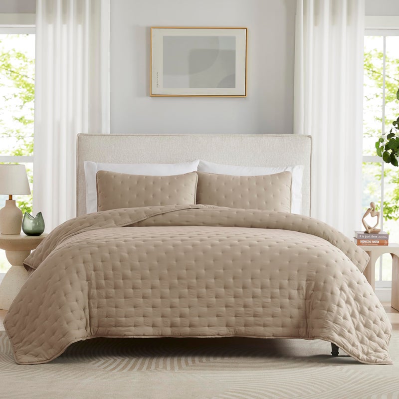 WDCOZY Beige Cloud Quilt Queen Size Bedding Set with Pillow Sham, Tan Puffy Cozy Lightweight Bedspread Coverlet, Taupe Camel Soft Cute Bed Cover for All Season - 3 Pieces, 90x90 inches - Image 1
