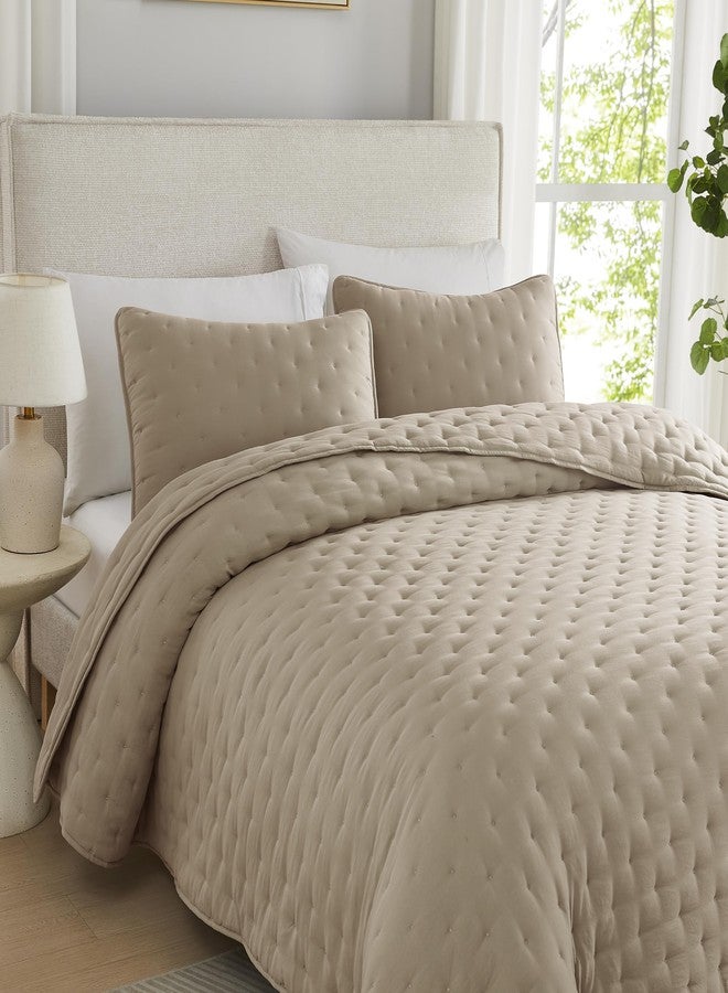 WDCOZY Beige Cloud Quilt Queen Size Bedding Set with Pillow Sham, Tan Puffy Cozy Lightweight Bedspread Coverlet, Taupe Camel Soft Cute Bed Cover for All Season - 3 Pieces, 90x90 inches - Image 3