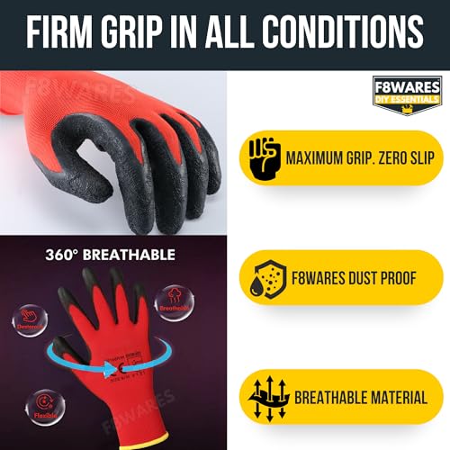 F8WARES 5 Pairs Latex Coated Safety Gloves for Men Rubber Grip Protective Working Hand Gloves, General Purpose,Industrial,Garden,Mechanical,Workshop,Construction & Machine Tool Handling Work,Red/Black - Image 3