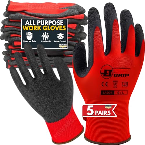 F8WARES 5 Pairs Latex Coated Safety Gloves for Men Rubber Grip Protective Working Hand Gloves, General Purpose,Industrial,Garden,Mechanical,Workshop,Construction & Machine Tool Handling Work,Red/Black - Image 1