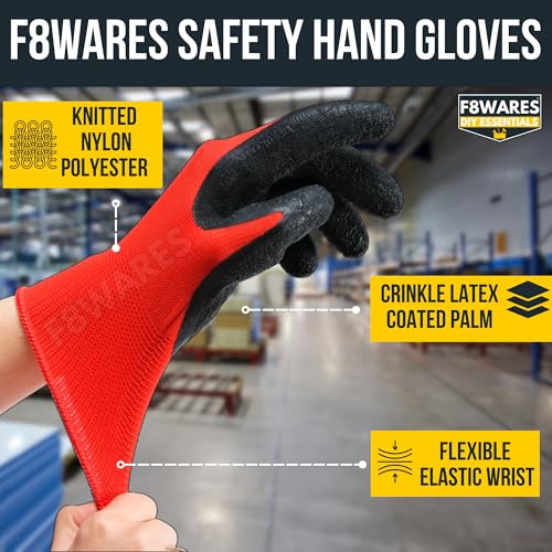 F8WARES 5 Pairs Latex Coated Safety Gloves for Men Rubber Grip Protective Working Hand Gloves, General Purpose,Industrial,Garden,Mechanical,Workshop,Construction & Machine Tool Handling Work,Red/Black - Image 2