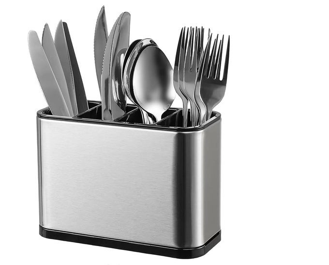 STAINLESS STEEL KITCHEN UTENSIL HOLDER DRAINER COOKING CUTLERY HOLDER COUNTERTOP ORGANIZER 4 DIVIDED UTENSIL CADDY RUST PROOF SINKWARE HOLDER FOR FORKSKNIVESSPOONSWHISKS AND MORE SILVERBLACK