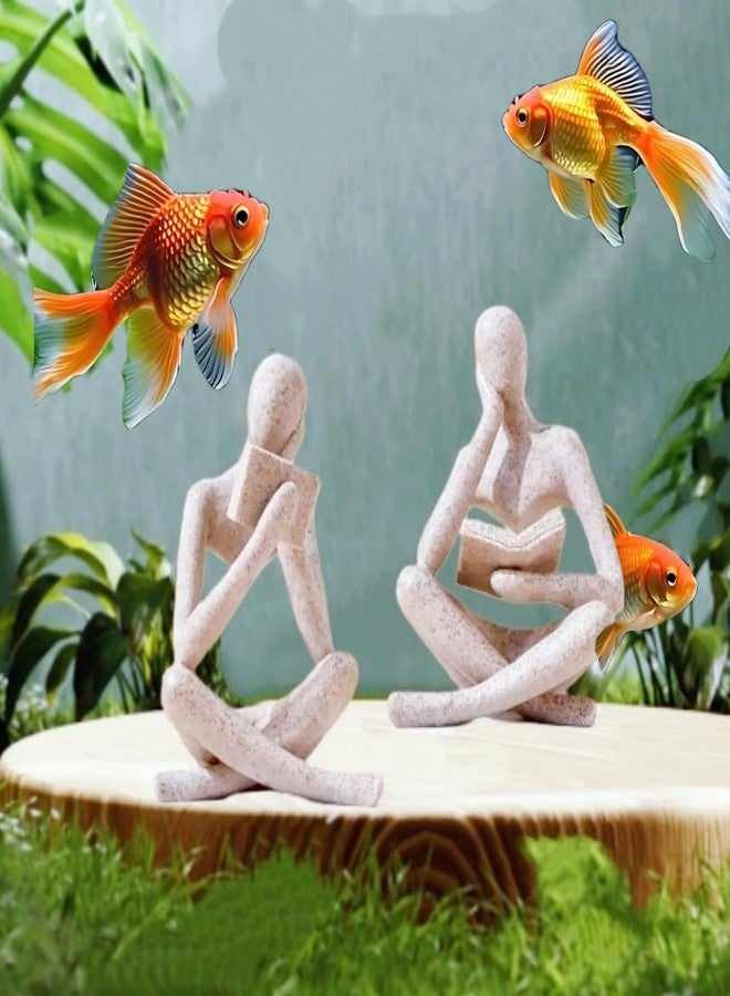 Prettidecor تمثال المفكر القارئ، منحوتات فنية تجريدية، مجموعة تماثيل ديكور جمالية حديثة مكونة من قطعتين لتزيين المنزل وغرفة المعيشة وغرفة النوم والمكتب والرف والطاولة ورف الكتب (حجر رملي) - Image 2