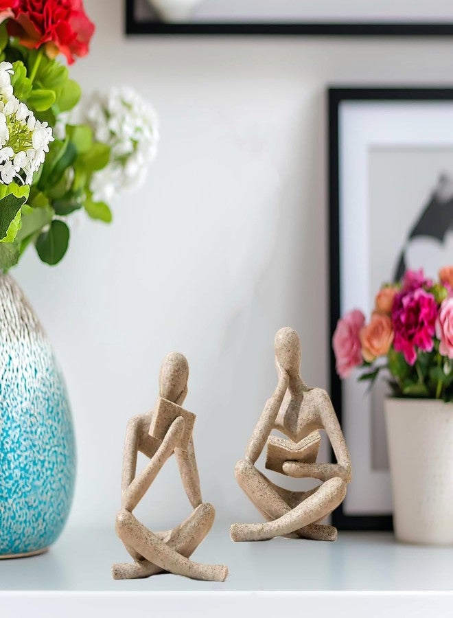 Prettidecor تمثال المفكر القارئ، منحوتات فنية تجريدية، مجموعة تماثيل ديكور جمالية حديثة مكونة من قطعتين لتزيين المنزل وغرفة المعيشة وغرفة النوم والمكتب والرف والطاولة ورف الكتب (حجر رملي) - Image 4