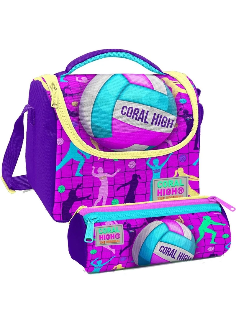 CORAL HIGH Pink Purple Volleyball Patterned Girl Thermal Insulated Lunch Bag and Pencil Case Set