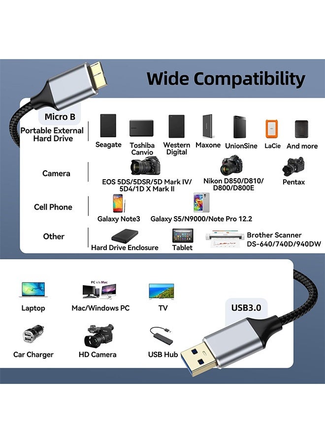 Quantum 2 in 1 USB 3.0 Micro B Braided Cable 1.5m - Multifunctional Adapter Cable 5Gbps High Speed External Hard Drive Cable USB 3.0 Micro B Data Sync & Charging Cord for Samsung Toshiba Portable Hard Drives - Image 5