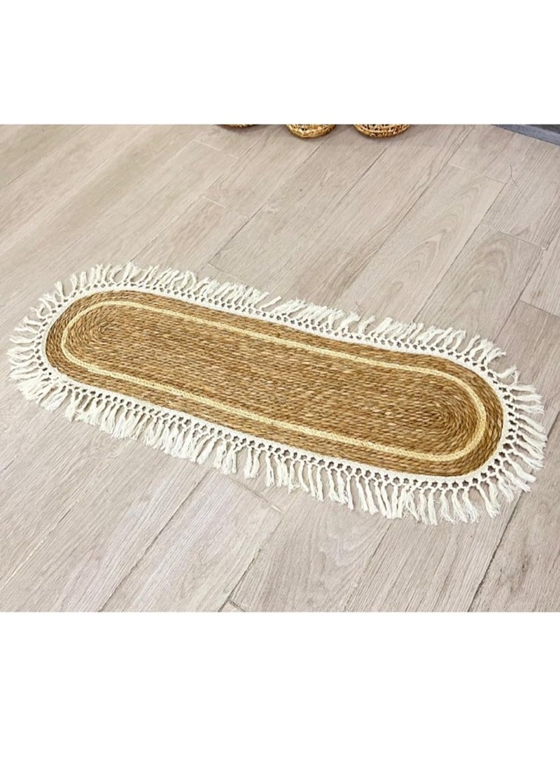 HOME TASTE Jute Oval Rug with White Stripe Design – Eco-Friendly Natural Fiber Carpet, 100x35cm Rustic Farmhouse Style Area Rug/Runner for Living Room, Bedroom, Entryway, and Covered Door Entrances  - Image 1