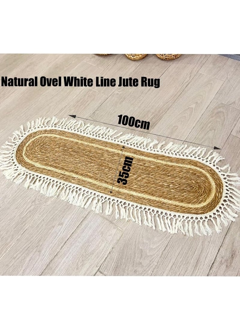 HOME TASTE Jute Oval Rug with White Stripe Design – Eco-Friendly Natural Fiber Carpet, 100x35cm Rustic Farmhouse Style Area Rug/Runner for Living Room, Bedroom, Entryway, and Covered Door Entrances  - Image 2