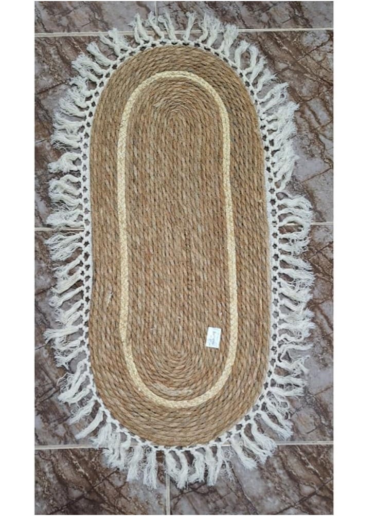 HOME TASTE Jute Oval Rug with White Stripe Design – Eco-Friendly Natural Fiber Carpet, 100x35cm Rustic Farmhouse Style Area Rug/Runner for Living Room, Bedroom, Entryway, and Covered Door Entrances  - Image 3