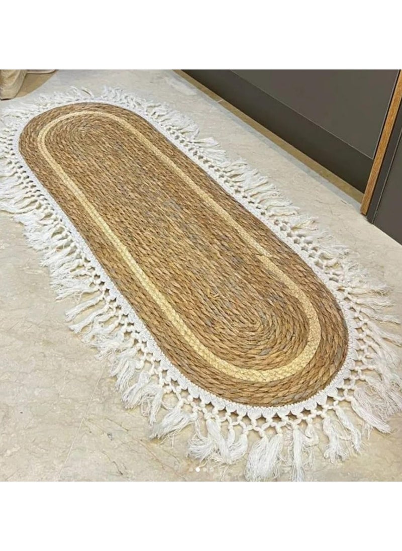 HOME TASTE Jute Oval Rug with White Stripe Design – Eco-Friendly Natural Fiber Carpet, 100x35cm Rustic Farmhouse Style Area Rug/Runner for Living Room, Bedroom, Entryway, and Covered Door Entrances  - Image 4