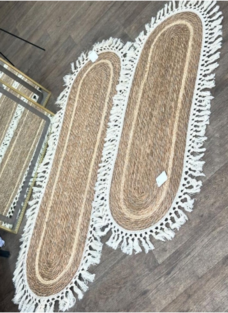 HOME TASTE Jute Oval Rug with White Stripe Design – Eco-Friendly Natural Fiber Carpet, 100x35cm Rustic Farmhouse Style Area Rug/Runner for Living Room, Bedroom, Entryway, and Covered Door Entrances  - Image 5