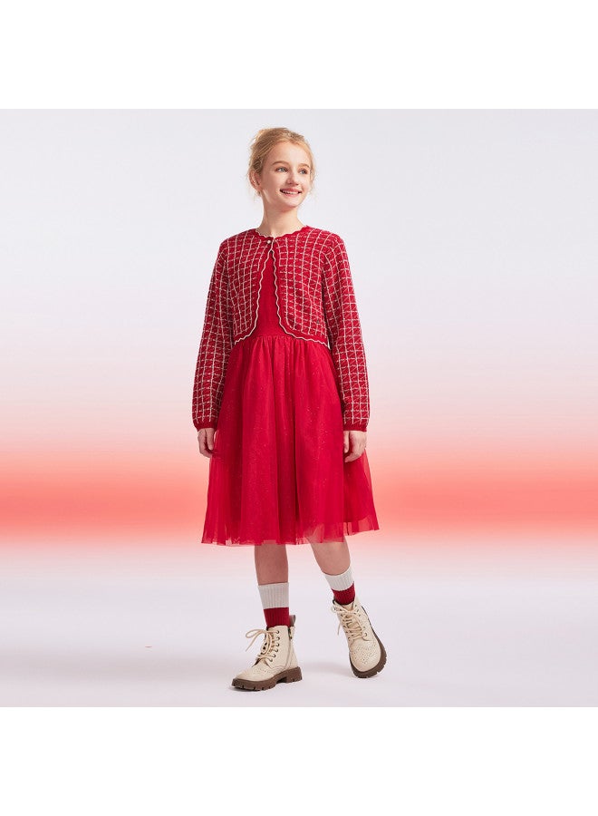 Hush Puppies فستان طويل الأكمام لسلسلة العطلات للبنات، زي رأس السنة لموسم الربيع/الخريف، فستان للأطفال، تنورة شبكية، فستان سنة الأبراج - Image 4
