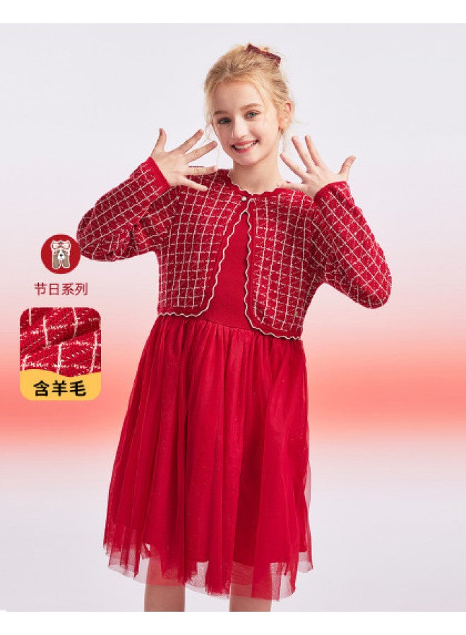 Hush Puppies فستان طويل الأكمام لسلسلة العطلات للبنات، زي رأس السنة لموسم الربيع/الخريف، فستان للأطفال، تنورة شبكية، فستان سنة الأبراج - Image 1