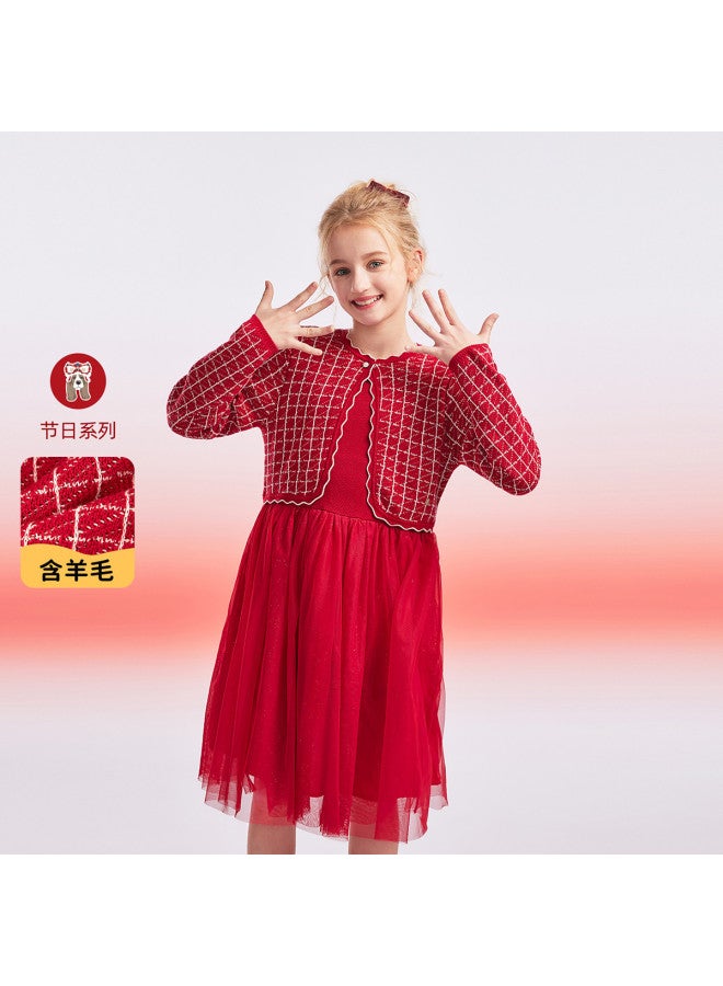 Hush Puppies فستان طويل الأكمام لسلسلة العطلات للبنات، زي رأس السنة لموسم الربيع/الخريف، فستان للأطفال، تنورة شبكية، فستان سنة الأبراج - Image 2