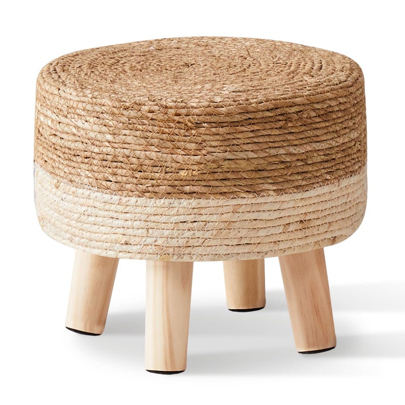 Cpintltr Foot Stool Natural Seagrass Hand Weave Poufs Round Ottoman for Couch Desk Soft Step Stool Padded Foot Rest with NonSkid Pine Legs for Hallway Office Lounge NaturalWhite