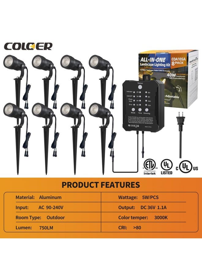 COLOER All-in-One Low Voltage Landscape Lighting Kit, 8 Pack 5W LED Landscape Spotlights with 40W Transformer Photocell Sensor and Timer, IP65 Waterproof Outdoor Spot Light for Yard Garden House - Image 4