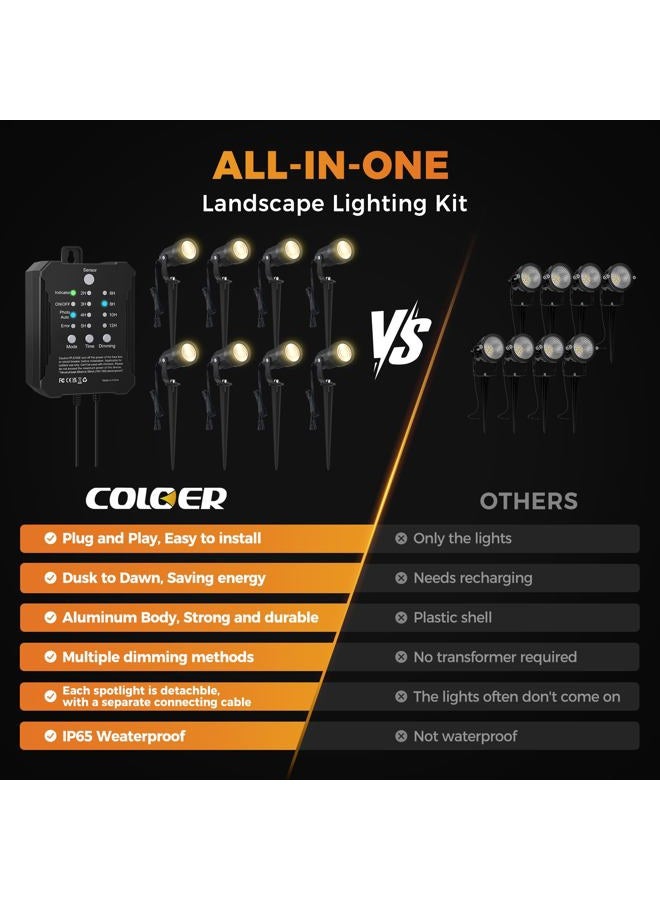 COLOER All-in-One Low Voltage Landscape Lighting Kit, 8 Pack 5W LED Landscape Spotlights with 40W Transformer Photocell Sensor and Timer, IP65 Waterproof Outdoor Spot Light for Yard Garden House - Image 3