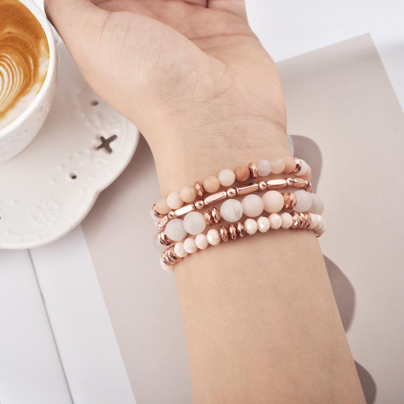 VISOOM Beaded Boho Bracelet for Apple Watch Series 11 10 Se 9 8 7 6 5 4 3 2 1 Bands 42mm 41mm 40mm 38mm Women, Fashion Handmade Cute Crystal beads Stretchy Watch Strap for Iphone iWatch Bands-White/Khaki - Image 3