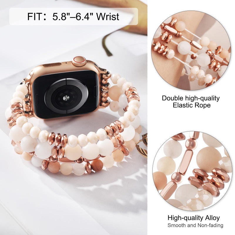 VISOOM Beaded Boho Bracelet for Apple Watch Series 11 10 Se 9 8 7 6 5 4 3 2 1 Bands 42mm 41mm 40mm 38mm Women, Fashion Handmade Cute Crystal beads Stretchy Watch Strap for Iphone iWatch Bands-White/Khaki - Image 2