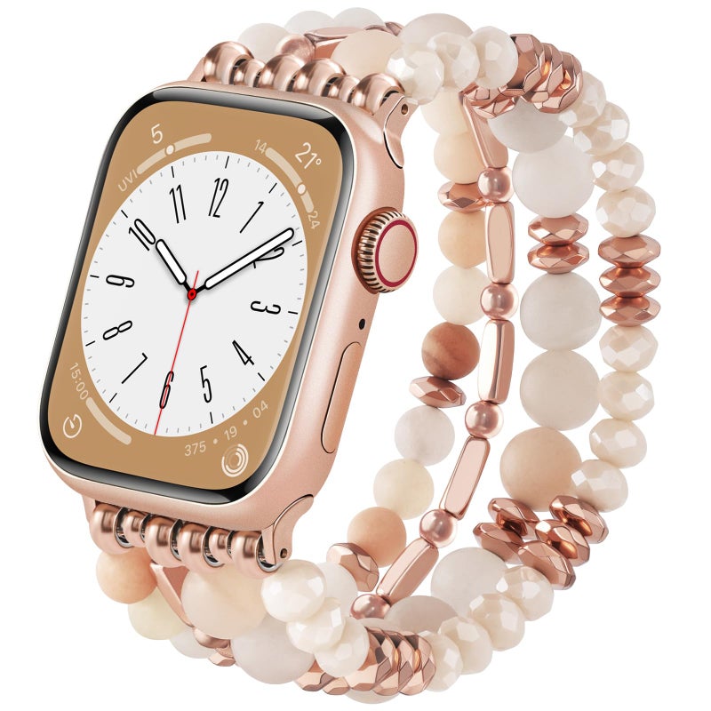 VISOOM Beaded Boho Bracelet for Apple Watch Series 11 10 Se 9 8 7 6 5 4 3 2 1 Bands 42mm 41mm 40mm 38mm Women, Fashion Handmade Cute Crystal beads Stretchy Watch Strap for Iphone iWatch Bands-White/Khaki - Image 1