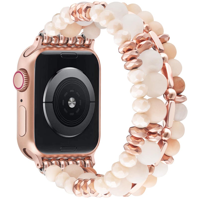 VISOOM Beaded Boho Bracelet for Apple Watch Series 11 10 Se 9 8 7 6 5 4 3 2 1 Bands 42mm 41mm 40mm 38mm Women, Fashion Handmade Cute Crystal beads Stretchy Watch Strap for Iphone iWatch Bands-White/Khaki - Image 4