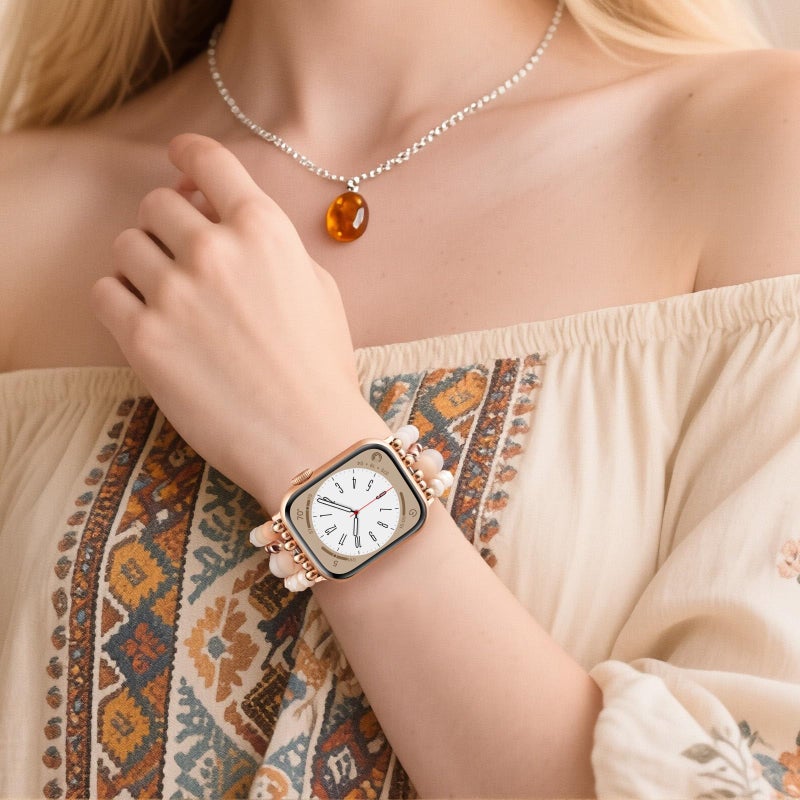 VISOOM Beaded Boho Bracelet for Apple Watch Series 11 10 Se 9 8 7 6 5 4 3 2 1 Bands 42mm 41mm 40mm 38mm Women, Fashion Handmade Cute Crystal beads Stretchy Watch Strap for Iphone iWatch Bands-White/Khaki - Image 5