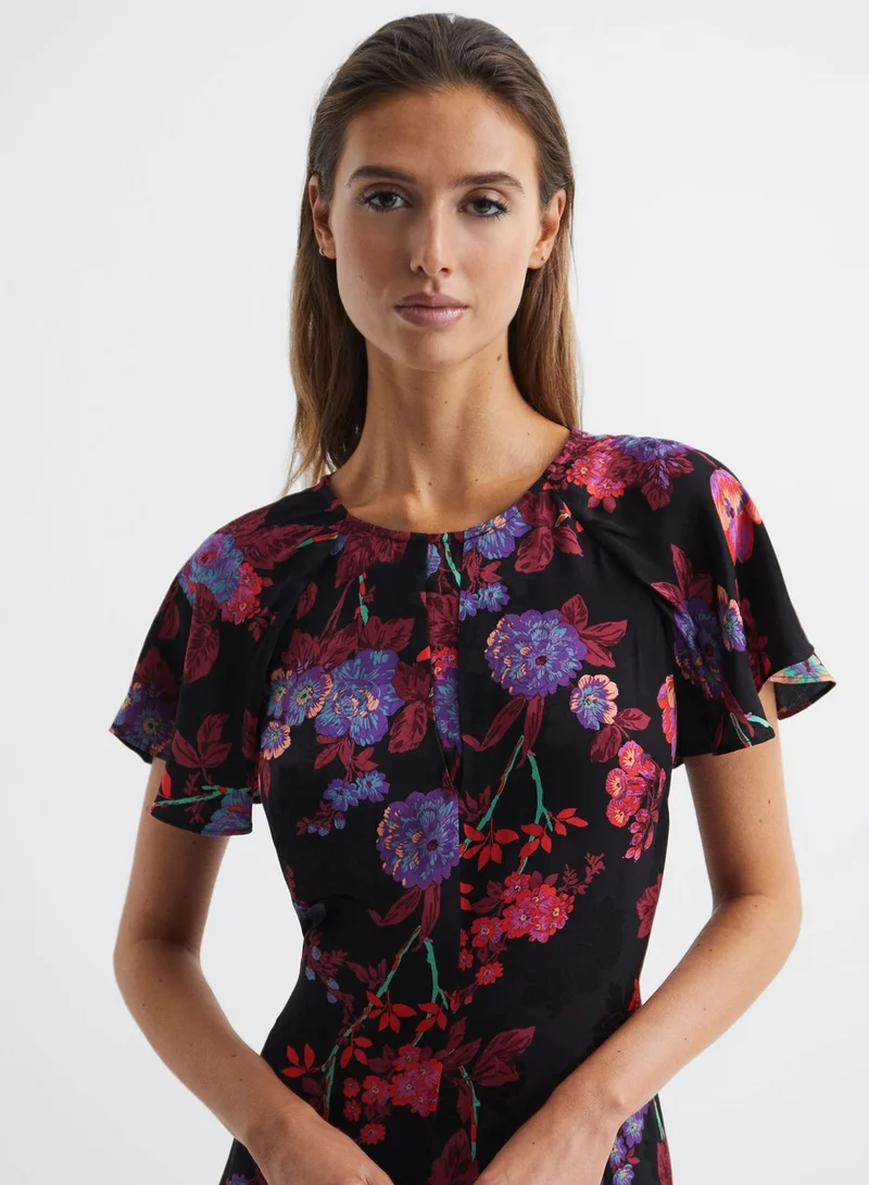 REISS Printed Cape Sleeve Dress
