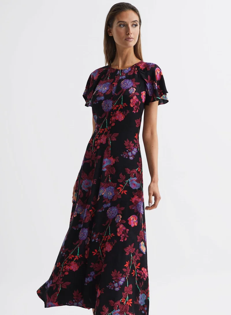 REISS Printed Cape Sleeve Dress